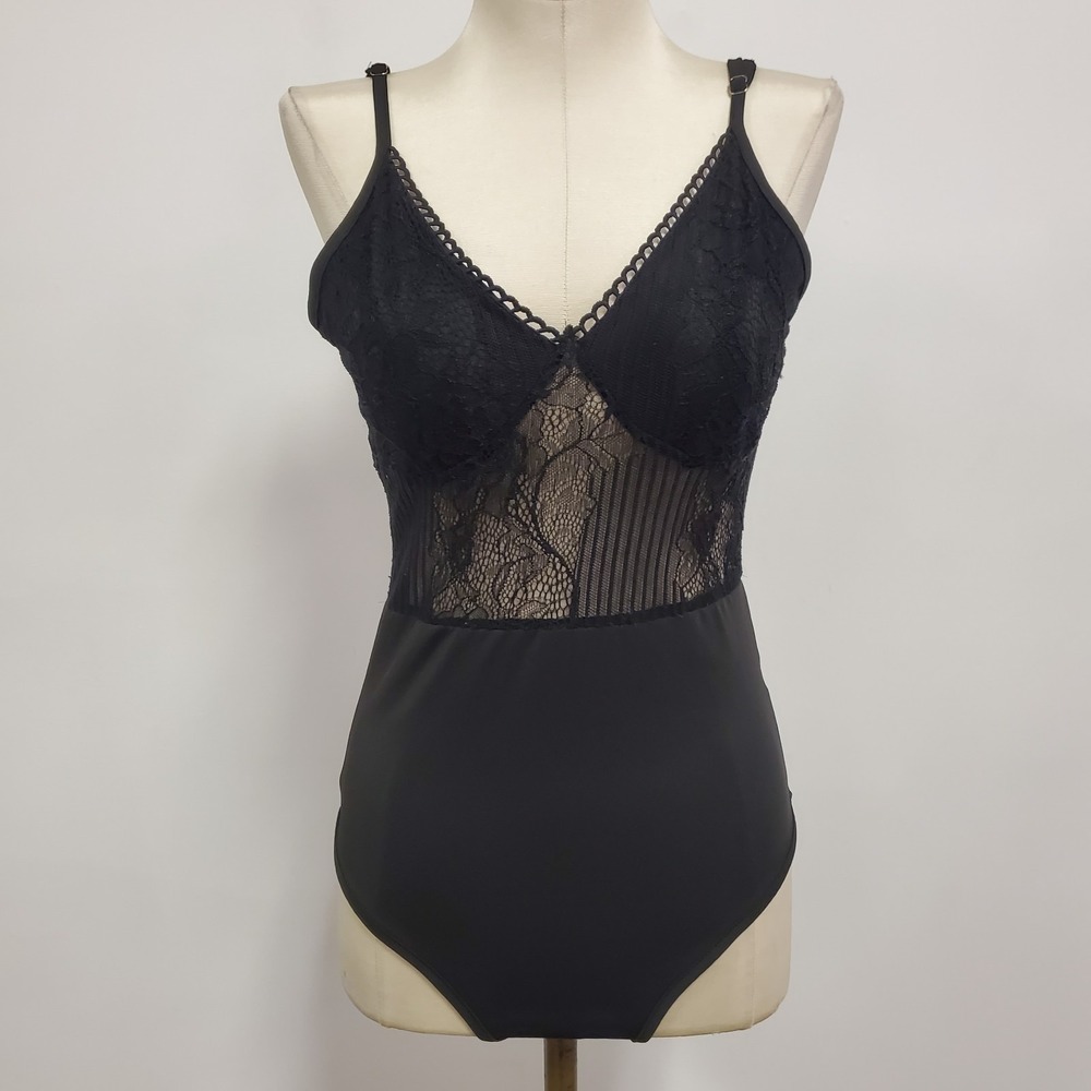 Shein Womens‎ Fairy Grunge Whimsigoth Lace Babydoll Bodysuit Size S Black Sheer